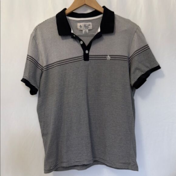 Men's Penguin Striped Polo Shirt - Black and Gray sz Large - Picture 1 of 3